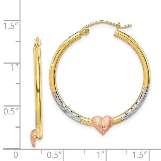 10kt Two-tone and White Rhodium Diamond Cut Heart Hoop Earrings
