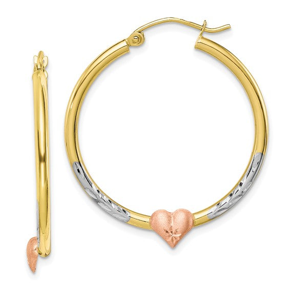 10kt Two-tone and White Rhodium Diamond Cut Heart Hoop Earrings