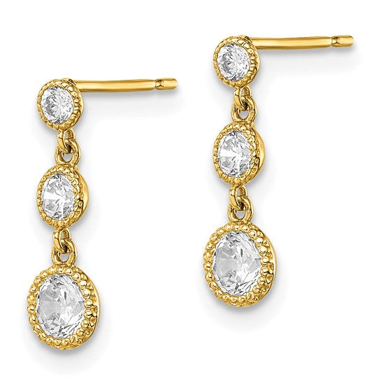 10KT Yellow Gold CZ 3 Stone Dangle Earrings