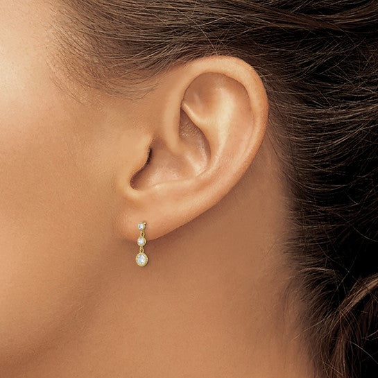 10KT Yellow Gold CZ 3 Stone Dangle Earrings
