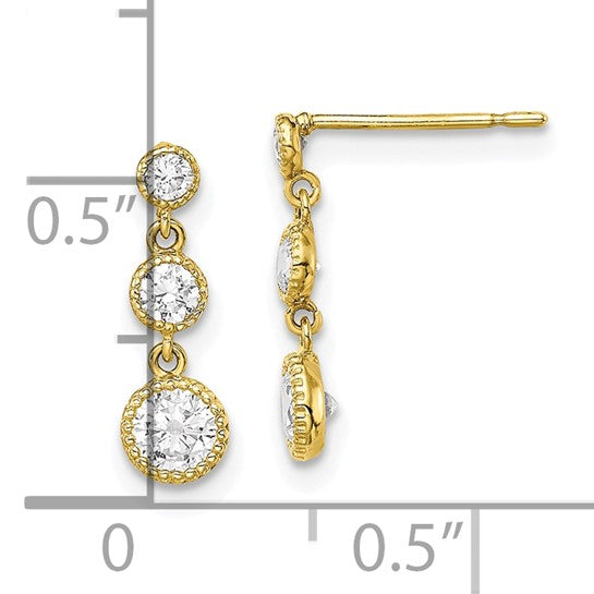 10KT Yellow Gold CZ 3 Stone Dangle Earrings