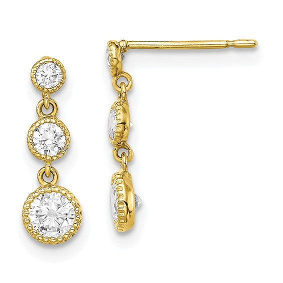 10KT Yellow Gold CZ 3 Stone Dangle Earrings