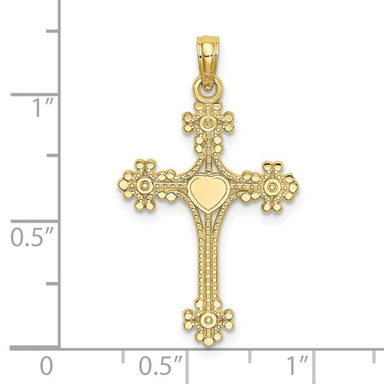 10KT Yellow Gold Beaded Tip Cross w/ Heart Center Charm