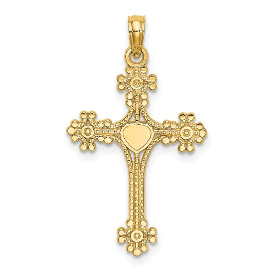10KT Yellow Gold Beaded Tip Cross w/ Heart Center Charm