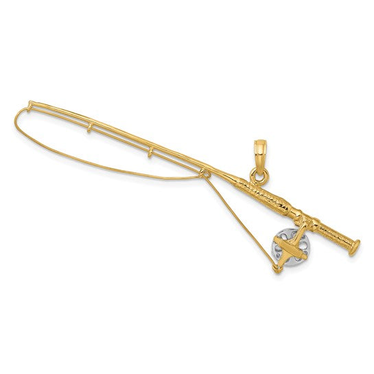 10kt Yellow Gold w/Rhodium 3-D Fly Rod Fishing Pole Charm