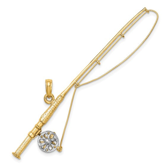 10kt Yellow Gold w/Rhodium 3-D Fly Rod Fishing Pole Charm