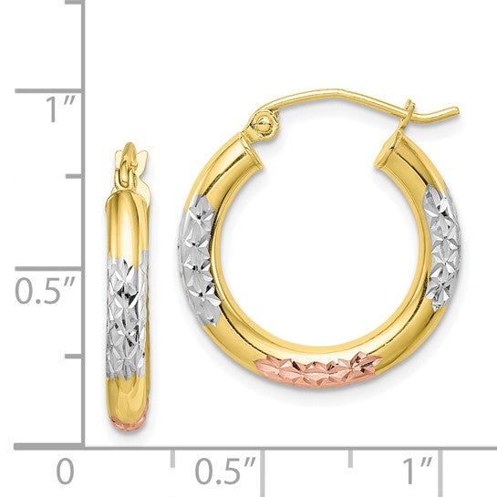 10kt White & Rose Rhodium D/C 3x20mm Hoop Earrings