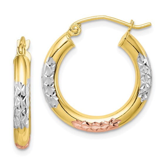 10kt White & Rose Rhodium D/C 3x20mm Hoop Earrings