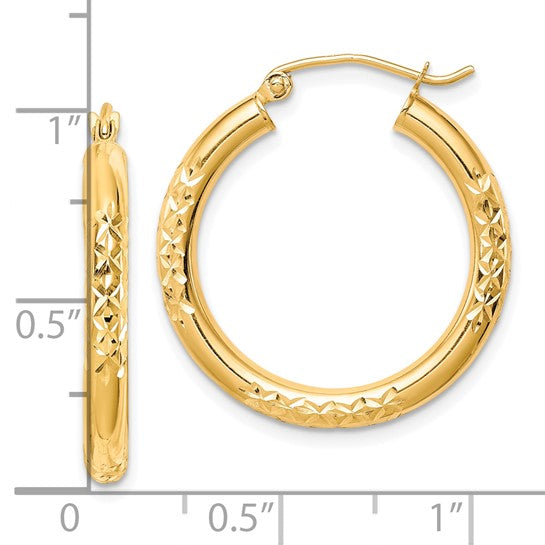 10kt Yellow Gold Diamond Cut 3x25mm Hollow Tube Hoop Earrings