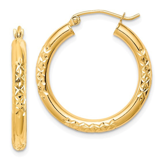 10kt Yellow Gold Diamond Cut 3x25mm Hollow Tube Hoop Earrings