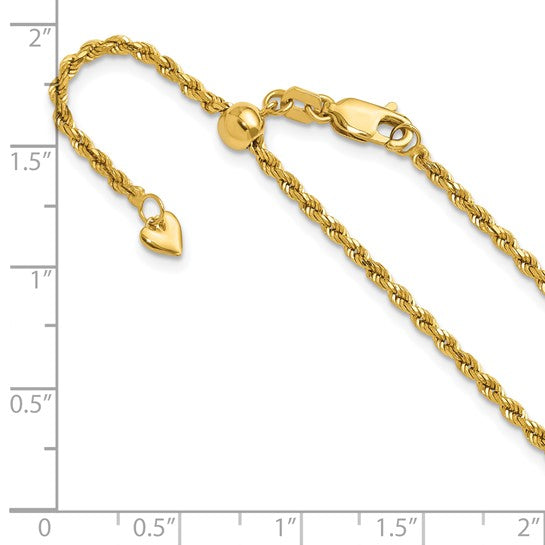 14KT Yellow Gold Adjustable 2mm D/C Rope Chain
