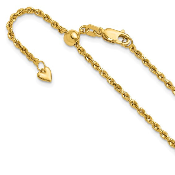 14KT Yellow Gold Adjustable 2mm D/C Rope Chain