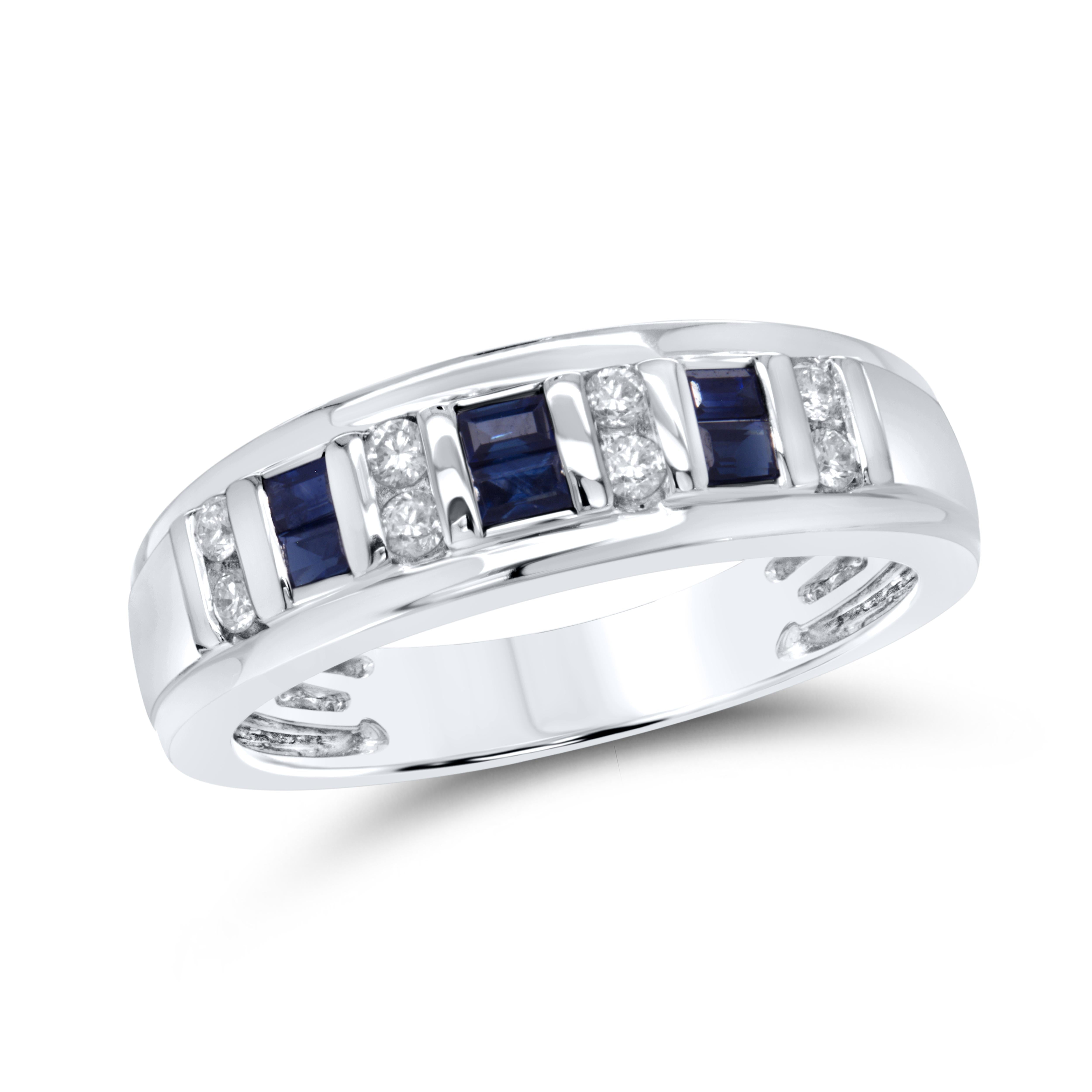 10k WHITE GOLD 0.20 CTW Diamond 0.37 CTW Natural Sapphire Men’s Band