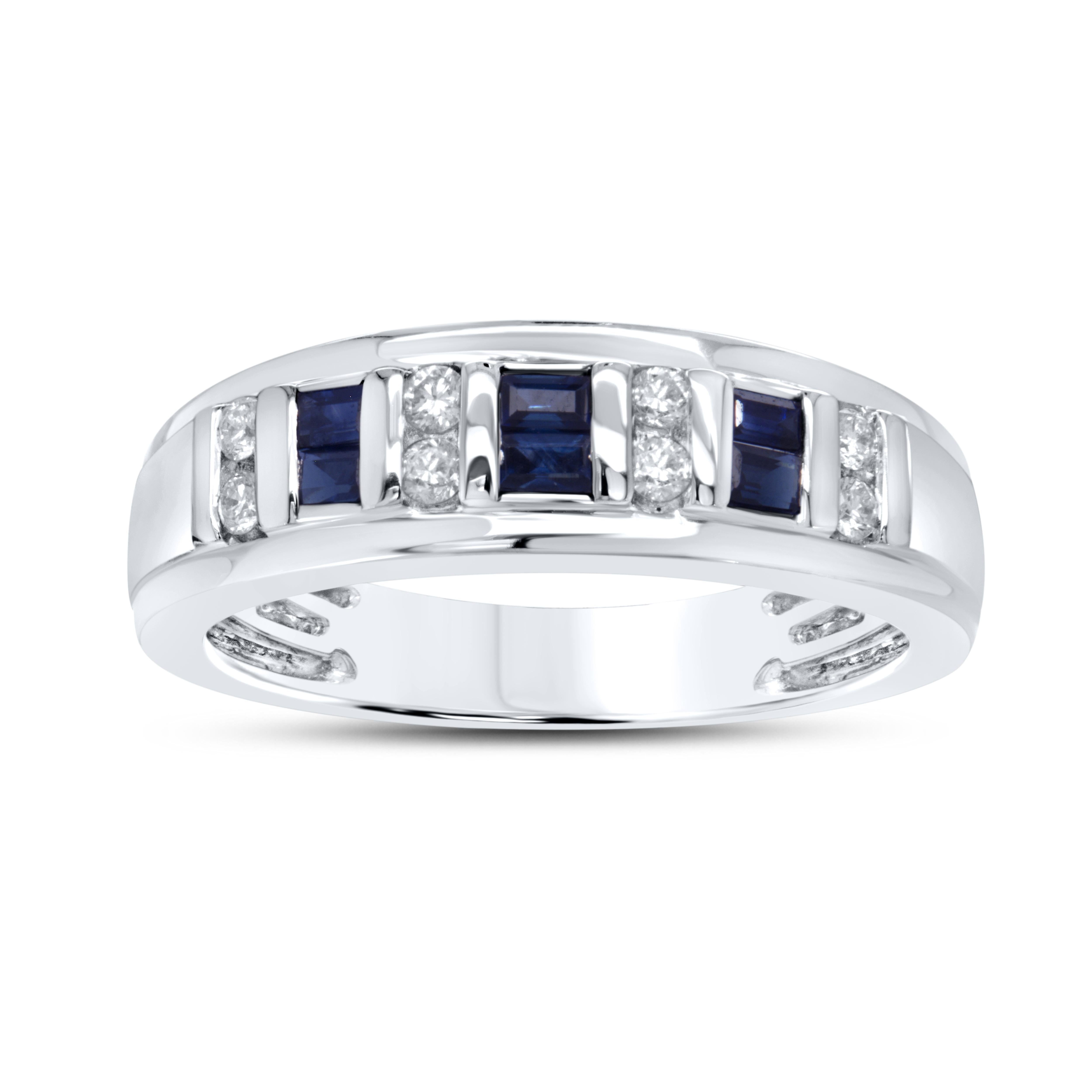 10k WHITE GOLD 0.20 CTW Diamond 0.37 CTW Natural Sapphire Men’s Band