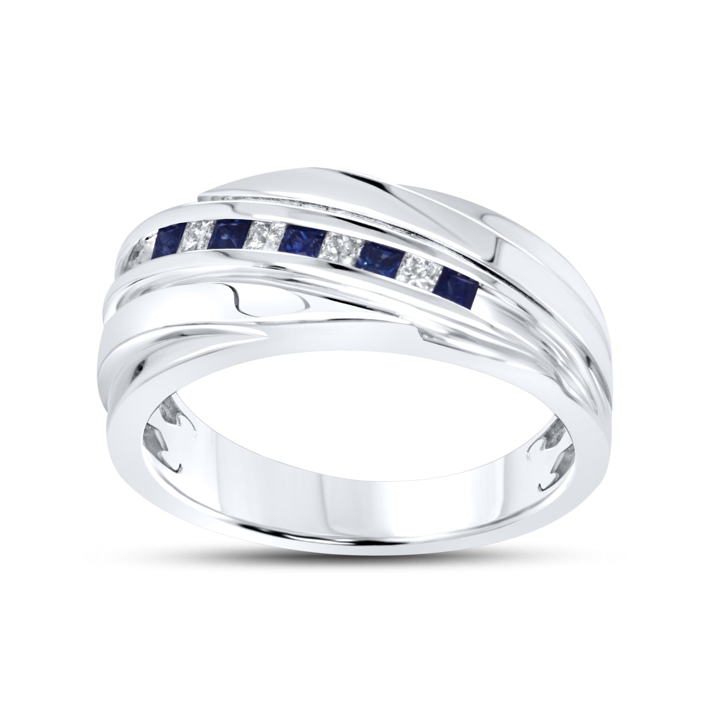 14k White Gold 0.15 CTW Diamond 0.23 CTW Natural Sapphire Men’s Band