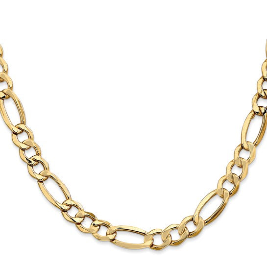 10KT Yellow Gold 7.3mm Semi-Solid Figaro Chain