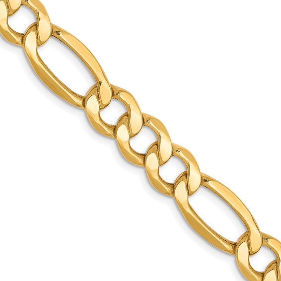 10KT Yellow Gold 7.3mm Semi-Solid Figaro Chain