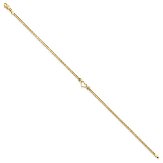 14kt Yellow Gold Polished Open Heart and Bismark Chain 9 inch Anklet