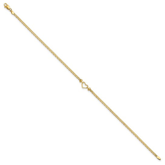 14kt Yellow Gold Polished Open Heart and Bismark Chain 9 inch Anklet