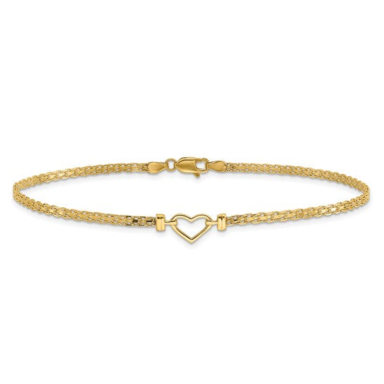 14kt Yellow Gold Polished Open Heart and Bismark Chain 9 inch Anklet