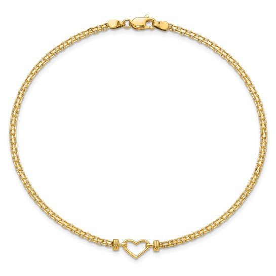 14kt Yellow Gold Polished Open Heart and Bismark Chain 9 inch Anklet