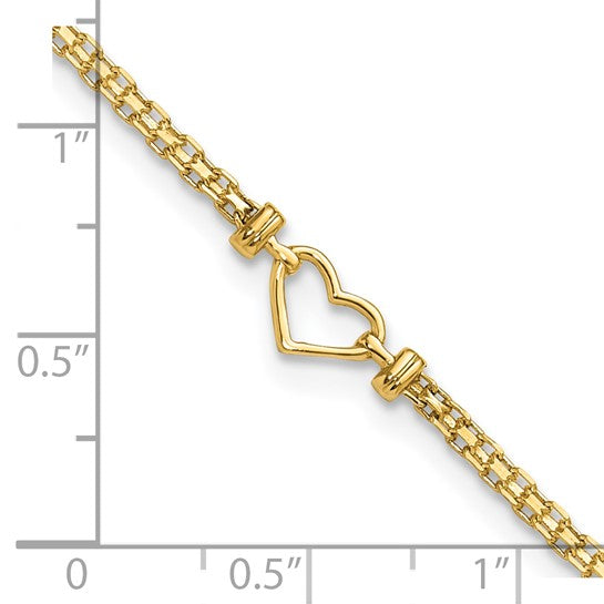 14kt Yellow Gold Polished Open Heart and Bismark Chain 9 inch Anklet