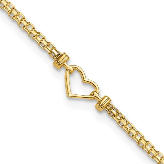 14kt Yellow Gold Polished Open Heart and Bismark Chain 9 inch Anklet