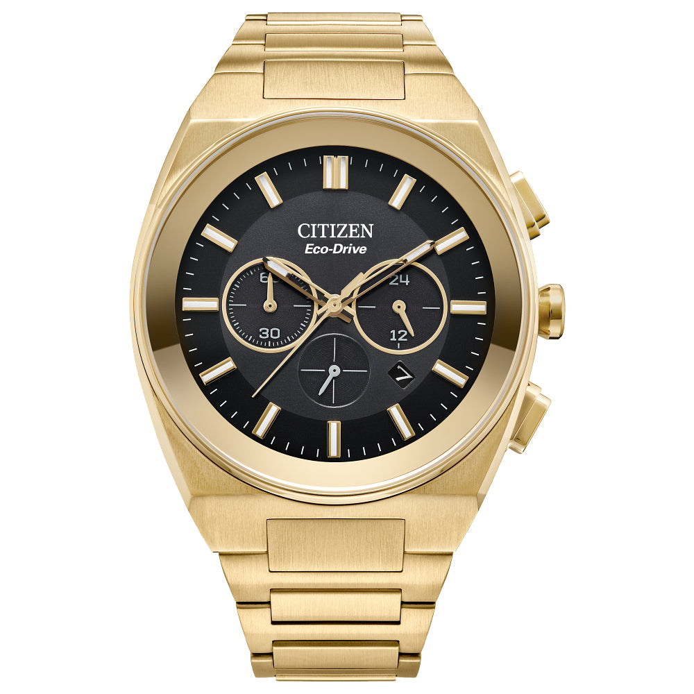 Men's Citizen Eco-Drive® Axiom Chronograph Gold-Tone Watch with Black Dial (Model: CA4582-54E)