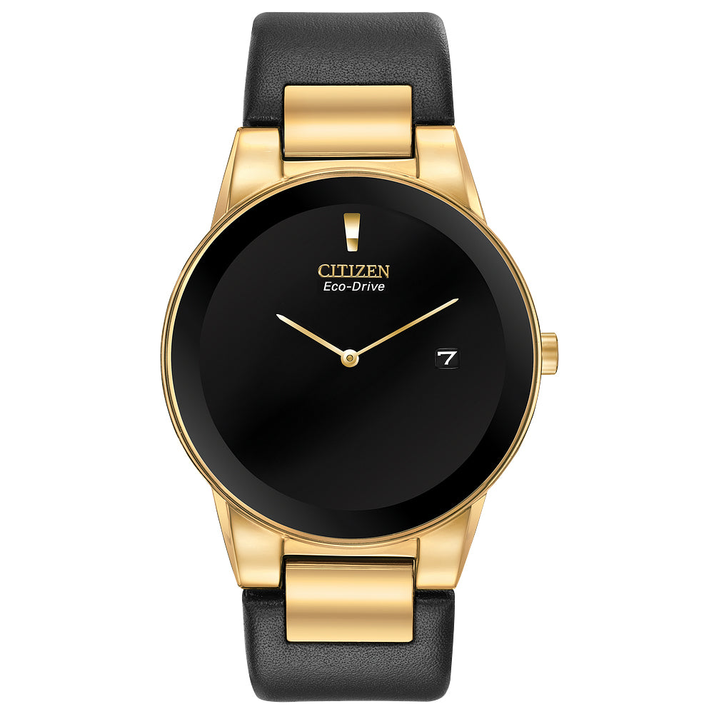 Men's Citizen Eco-Drive Axiom Gold-Tone Black Leather Strap Watch | 40mm |