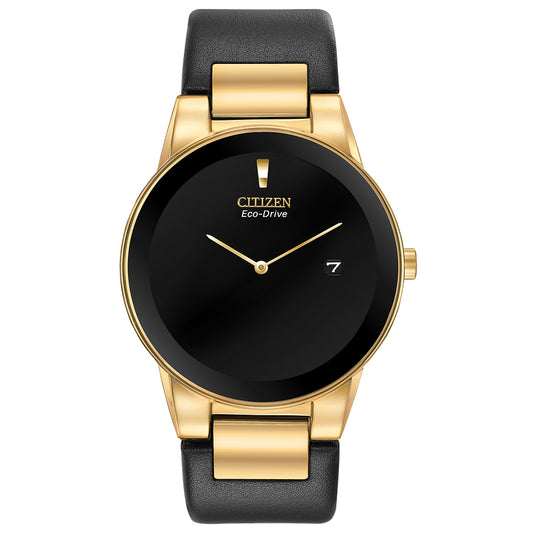 Men's Citizen Eco-Drive Axiom Gold-Tone Black Leather Strap Watch | 40mm |