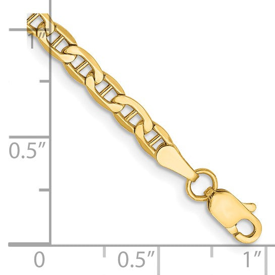14KT Yellow Gold 7 inch 3.2mm Semi-Solid Anchor with Lobster Clasp Bracelet