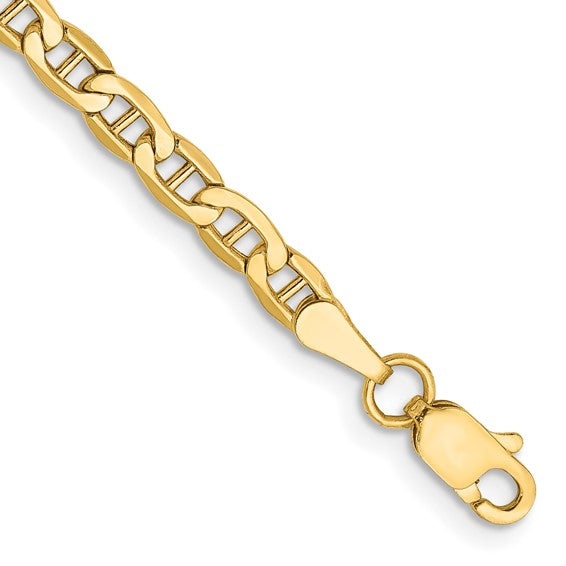 14KT Yellow Gold 7 inch 3.2mm Semi-Solid Anchor with Lobster Clasp Bracelet