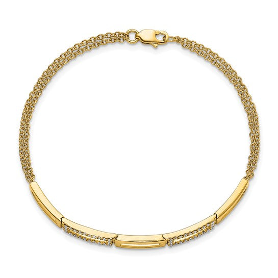 14kt Yellow Gold Polished Rectangle Link Complete 1/4 carat Diamond Double Strand 7 inch Bracelet