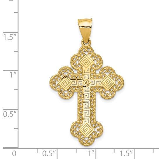 14kt Yellow Gold Budded Greek Key Cross Pendant