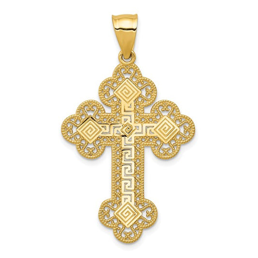 14kt Yellow Gold Budded Greek Key Cross Pendant