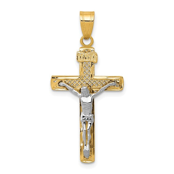 14KT Two-tone Diamond-cut Lattice Cross w/Crucifix Pendant