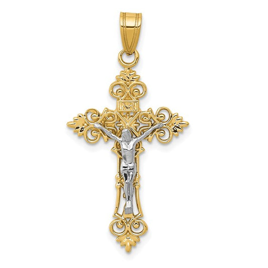 14KT Two-Tone Medium Lacy-Edge Inri Crucifix Pendant