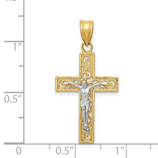 14KT Two-Tone D/C Small Block Filigree Crucifix Pendant
