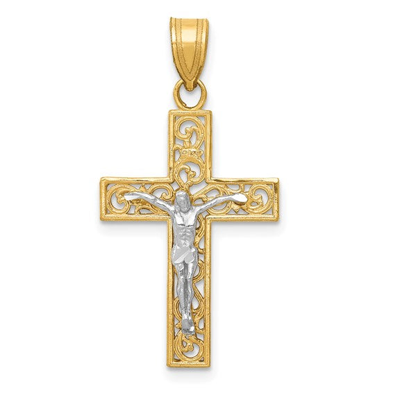 14KT Two-Tone D/C Small Block Filigree Crucifix Pendant