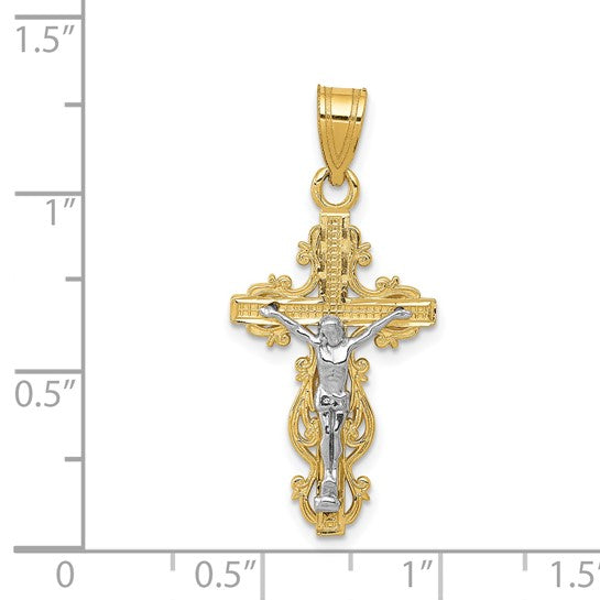 14KT Two-tone Small Narrow Cross w/Crucifix Pendant