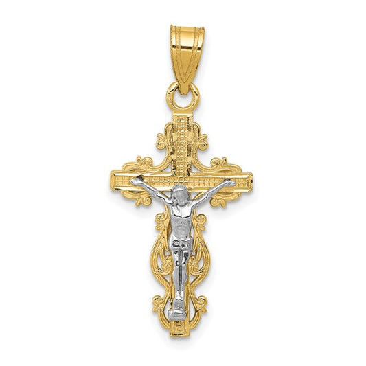 14KT Two-tone Small Narrow Cross w/Crucifix Pendant
