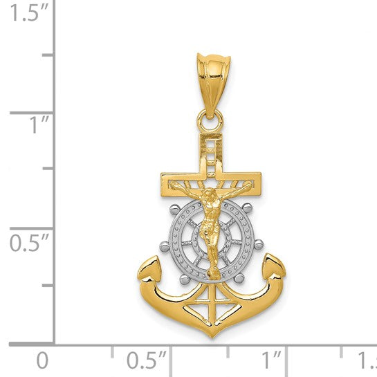 14kt Yellow Gold w/Rhodium Diamond-cut Mariners Cross Pendant