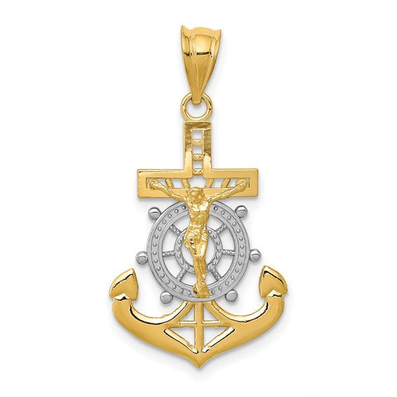 14kt Yellow Gold w/Rhodium Diamond-cut Mariners Cross Pendant