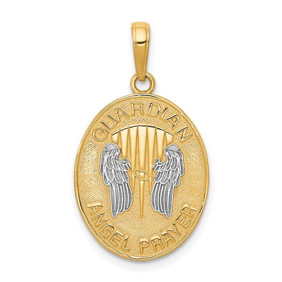 14KT Yellow Gold W/Rhodium Reversible Guardian Angel Prayer Pendant