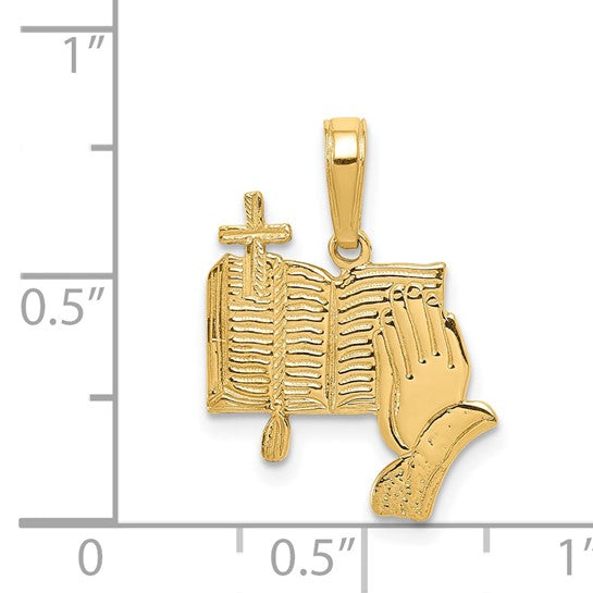 14KT Yellow Gold Bible, Praying Hands, and Cross Pendant