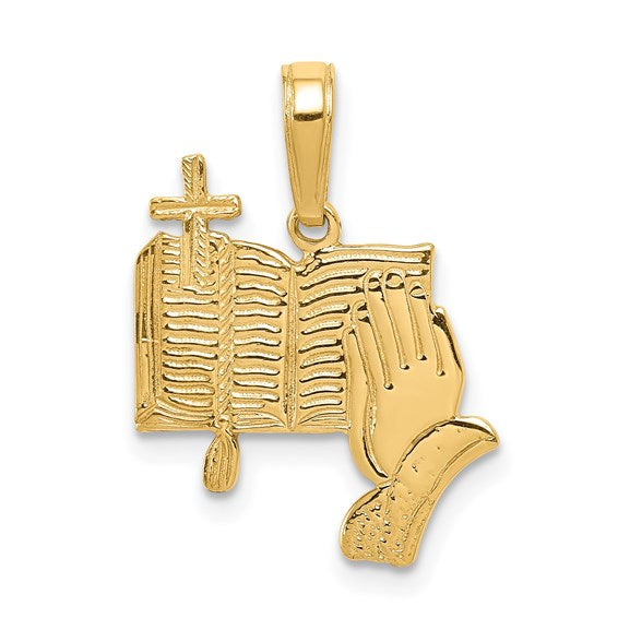 14KT Yellow Gold Bible, Praying Hands, and Cross Pendant
