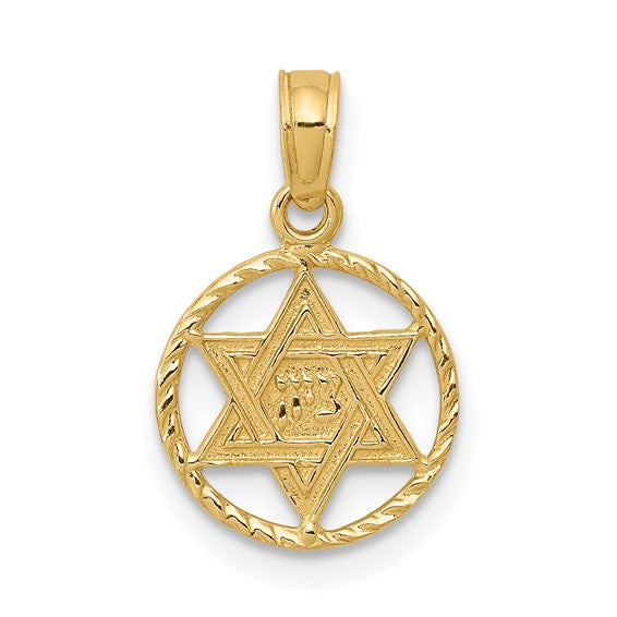 14KT Yellow Gold Star of David in Circle Frame Pendant