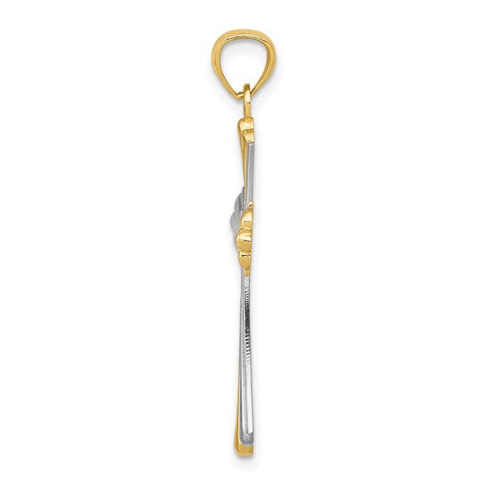 14kt Yellow Gold Diamond-Cut Rhodium Budded Cross Pendant