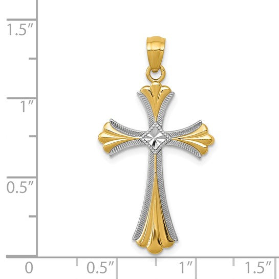 14kt Yellow Gold Diamond-Cut Rhodium Budded Cross Pendant