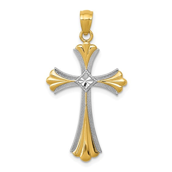 14kt Yellow Gold Diamond-Cut Rhodium Budded Cross Pendant